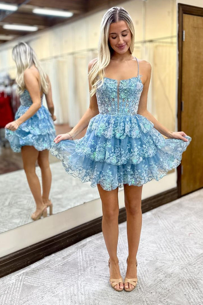 MisShow Sparkly Blue A Line Corset Tiered Short Homecoming Dress/Mini Dress