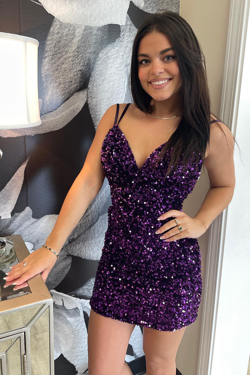 Misshow Sparkly Blue Backless Spaghetti Straps Tight Short Homecoming Dress/Mini Dress