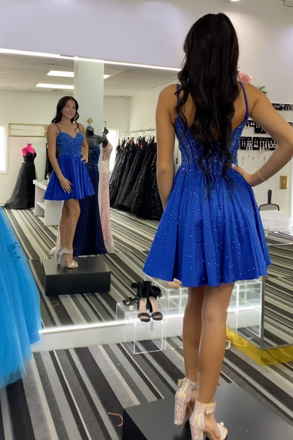 Misshow Sparkly Blue Beaded Corset A Line Short Homecoming Dress/Mini Dress