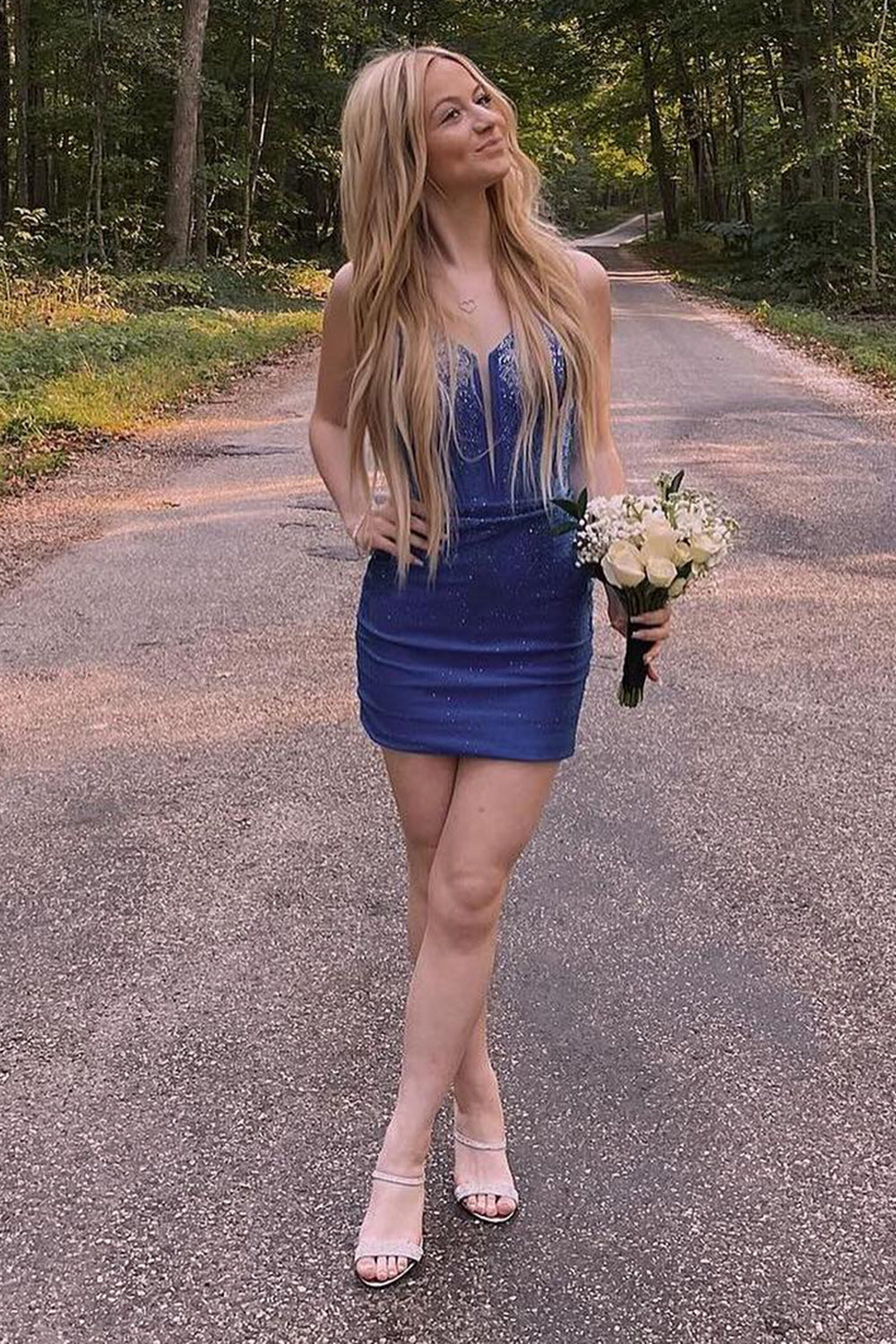 Misshow Sparkly Blue Beaded Corset Lace-Up Back Tight Short Homecoming Dress/Mini Dress
