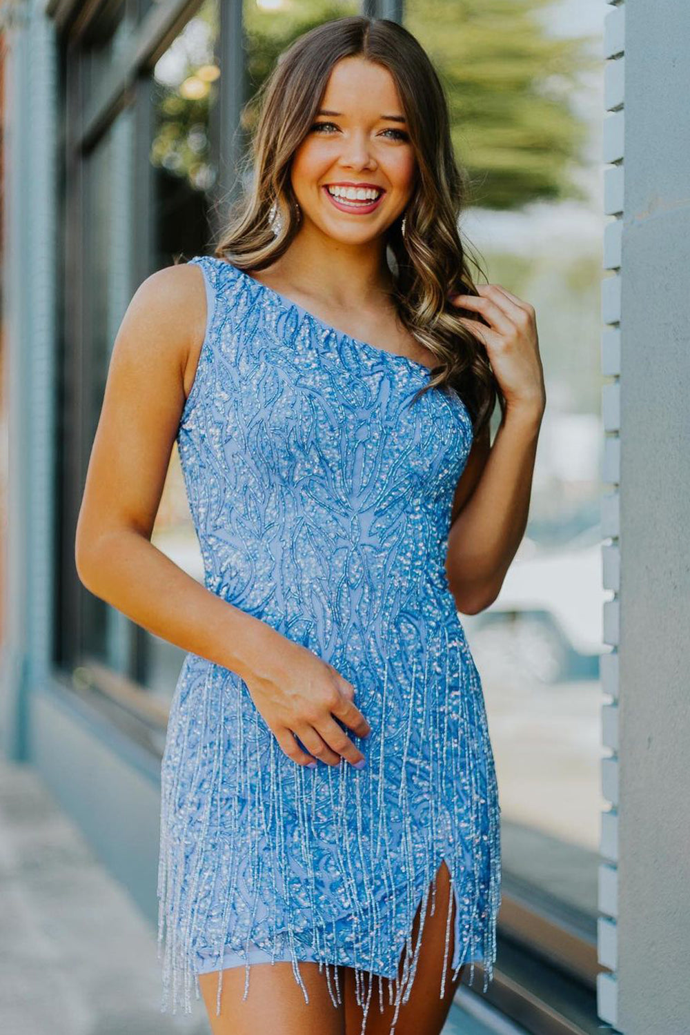 Misshow Sparkly Blue Beaded Fringed Tight Short Homecoming Dress/Mini Dress
