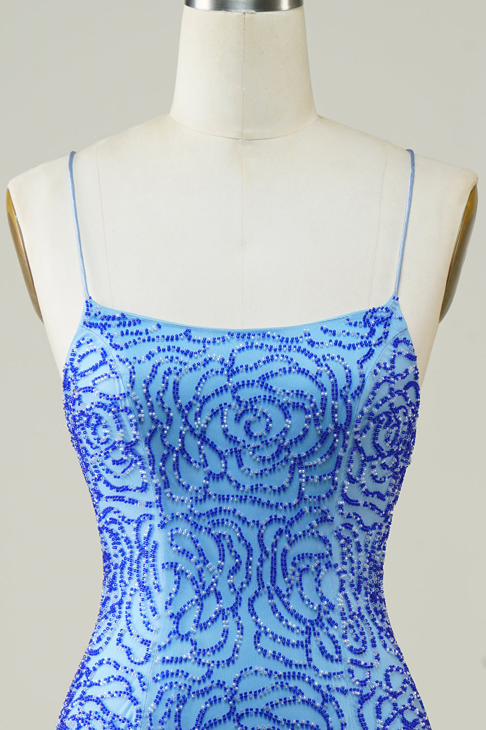 Misshow Sparkly Blue Beaded Lace-Up Back Tight Short Homecoming Dress/Mini Dress