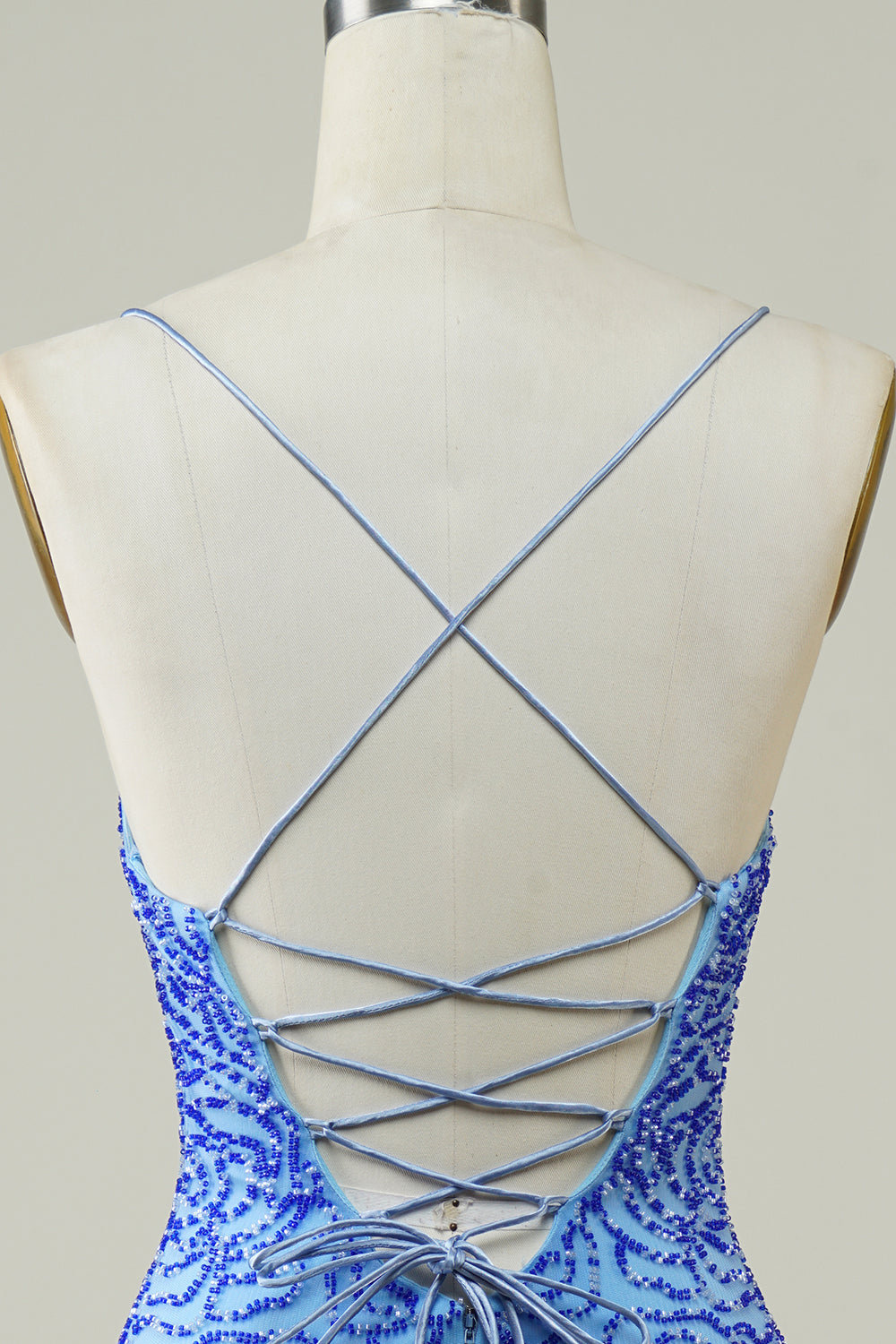 Misshow Sparkly Blue Beaded Lace-Up Back Tight Short Homecoming Dress/Mini Dress