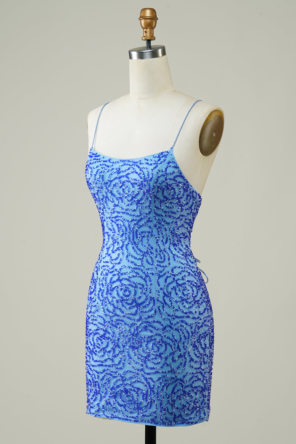 Misshow Sparkly Blue Beaded Lace-Up Back Tight Short Homecoming Dress/Mini Dress