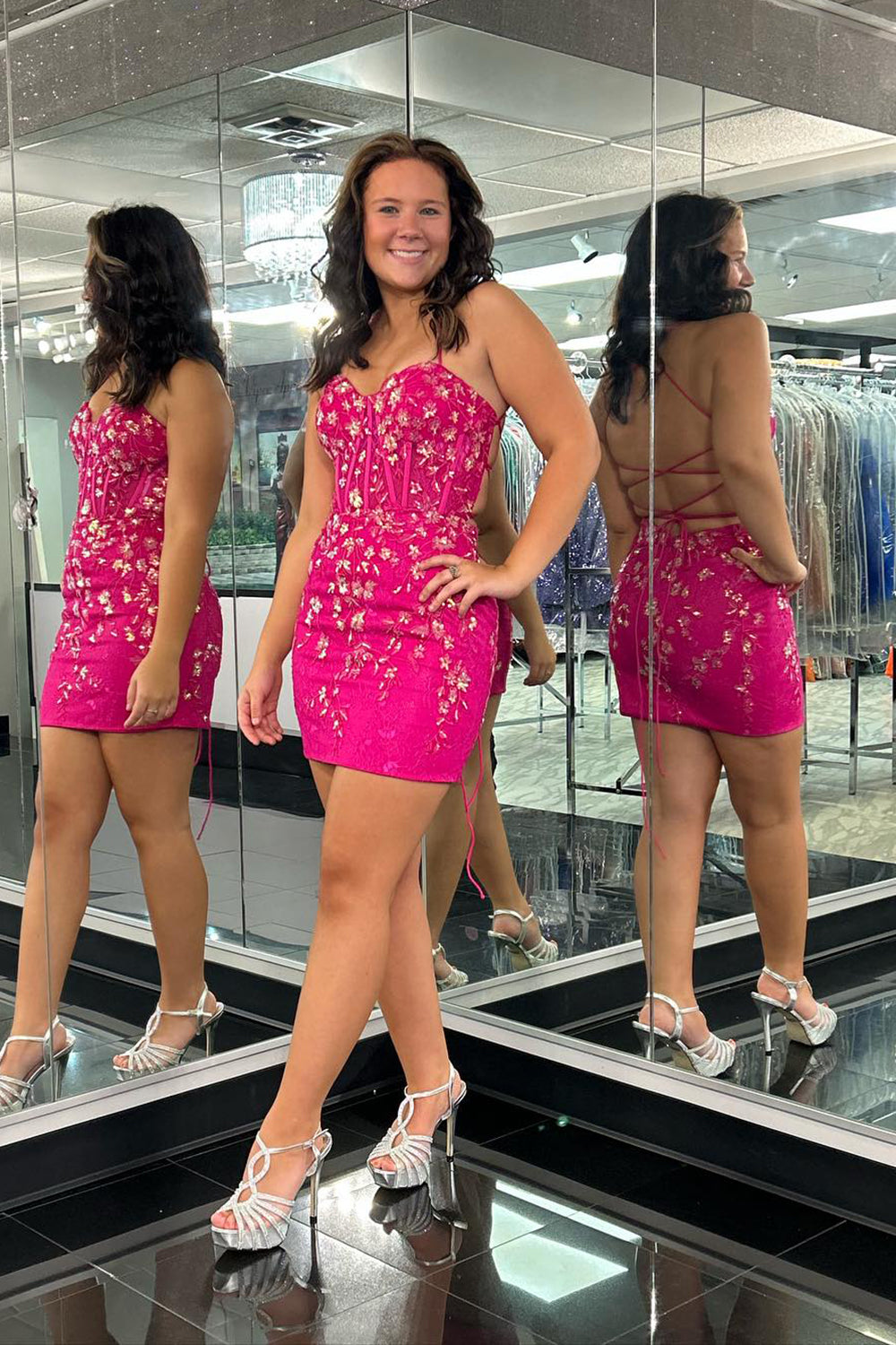 Misshow Sparkly Blue Corset Floral Tight Short Homecoming Dress/Mini Dress with Lace