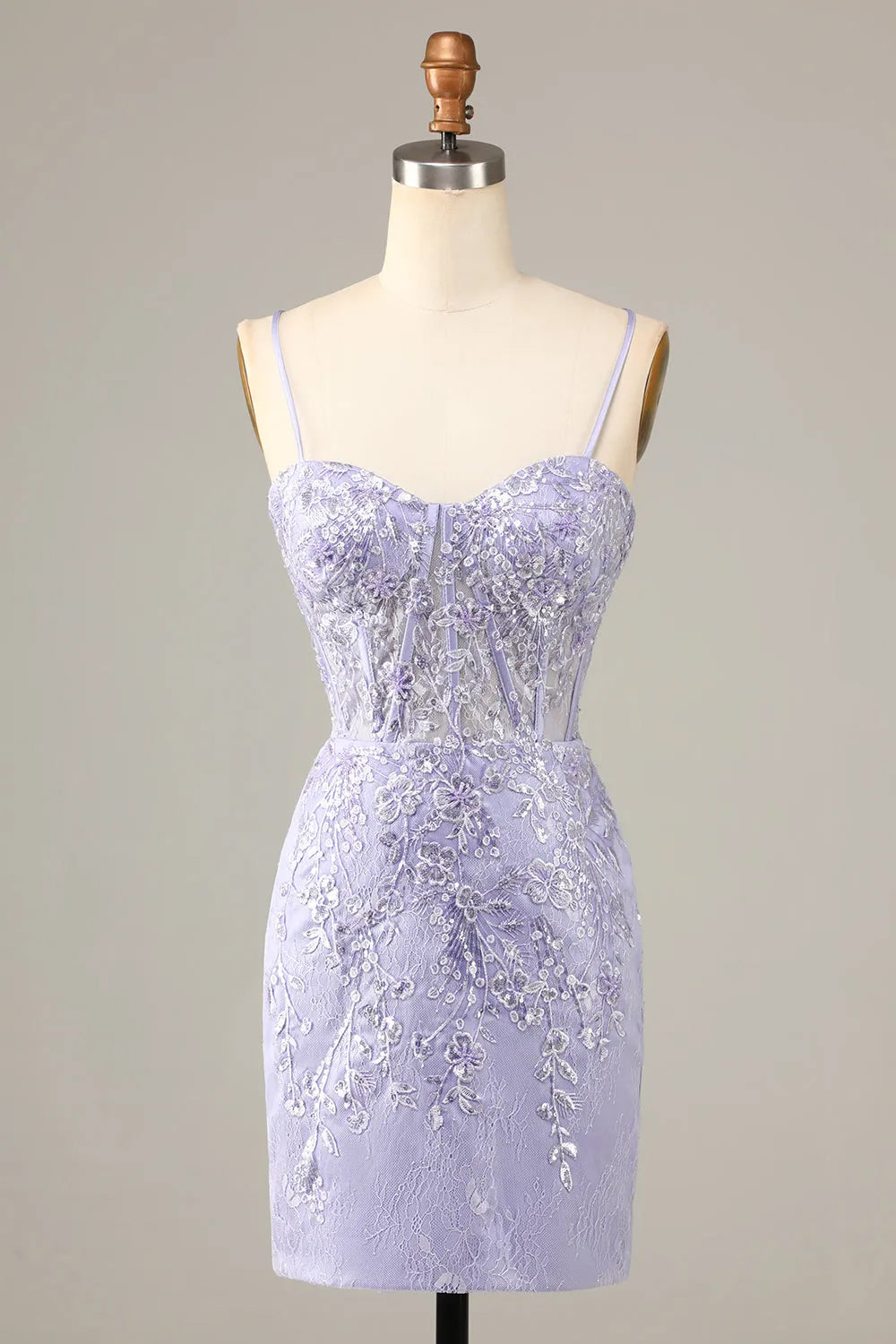 Misshow Sparkly Blue Corset Floral Tight Short Homecoming Dress/Mini Dress with Lace