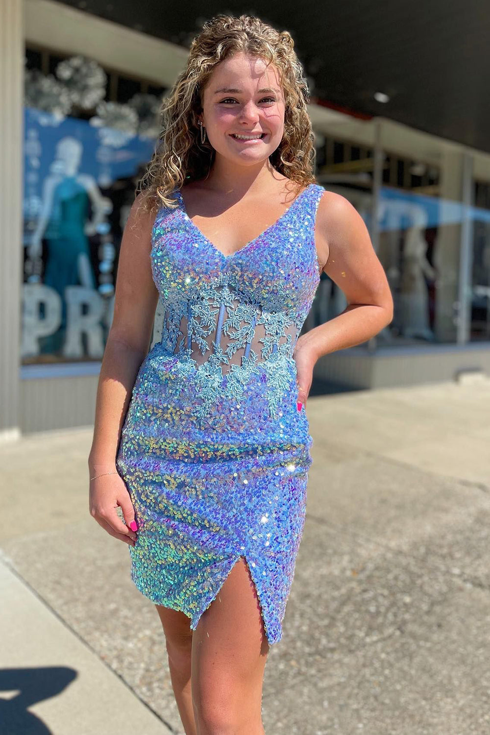 Misshow Sparkly Blue Corset Sequins Tight Short Homecoming Dress/Mini Dress with Lace