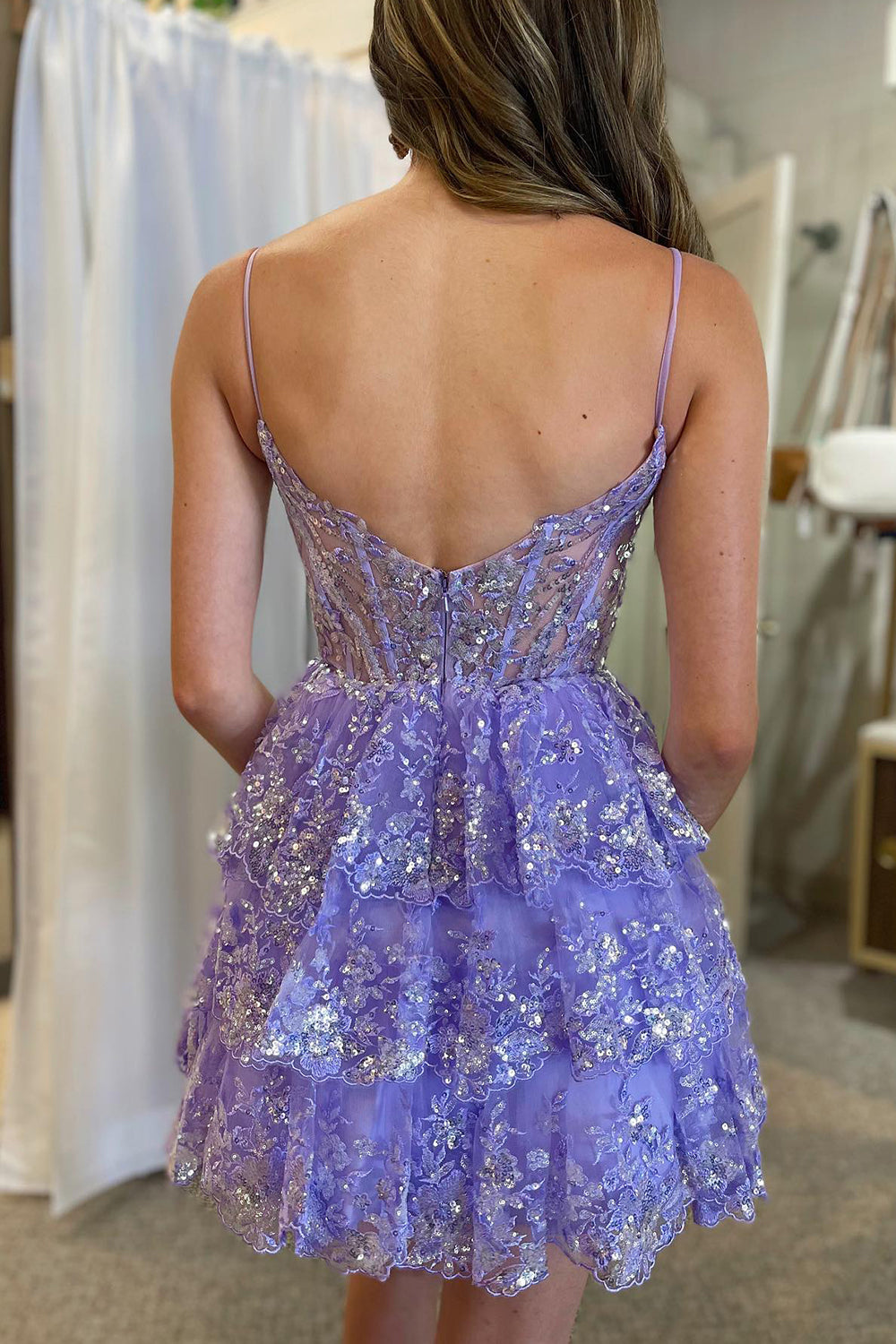Misshow Sparkly Blue Corset Spaghetti Straps A Line Lace Short Homecoming Dress/Mini Dress