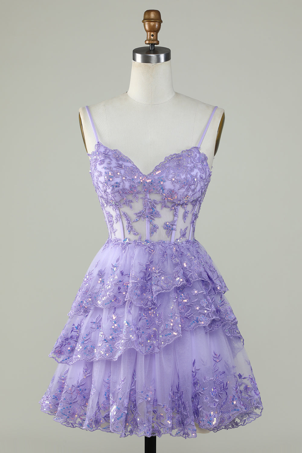 Misshow Sparkly Blue Corset Spaghetti Straps A Line Lace Short Homecoming Dress/Mini Dress