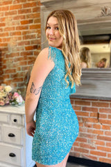Misshow Sparkly Blue Fringed One Shoulder Tight Sequins Short Homecoming Dress/Mini Dress