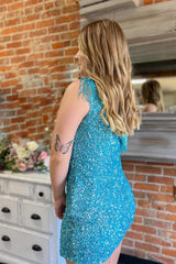 Misshow Sparkly Blue Fringed One Shoulder Tight Sequins Short Homecoming Dress/Mini Dress