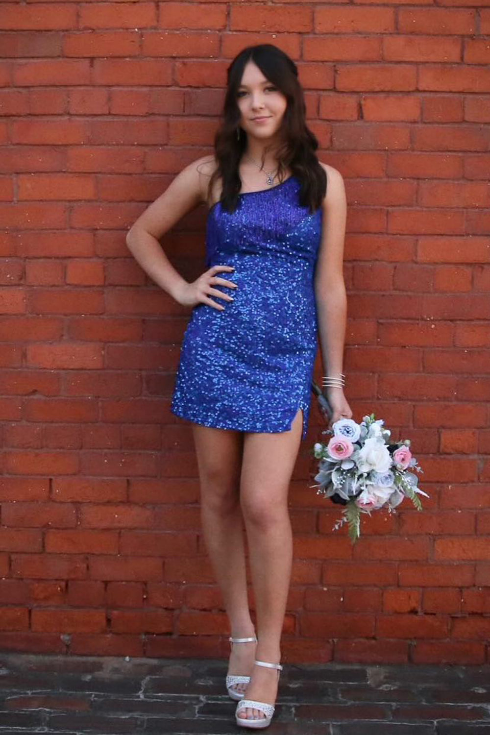 Misshow Sparkly Blue Fringed One Shoulder Tight Sequins Short Homecoming Dress/Mini Dress