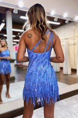 Misshow Sparkly Blue One Shoulder Sequins Tight Short Hoco Dress with Fringes