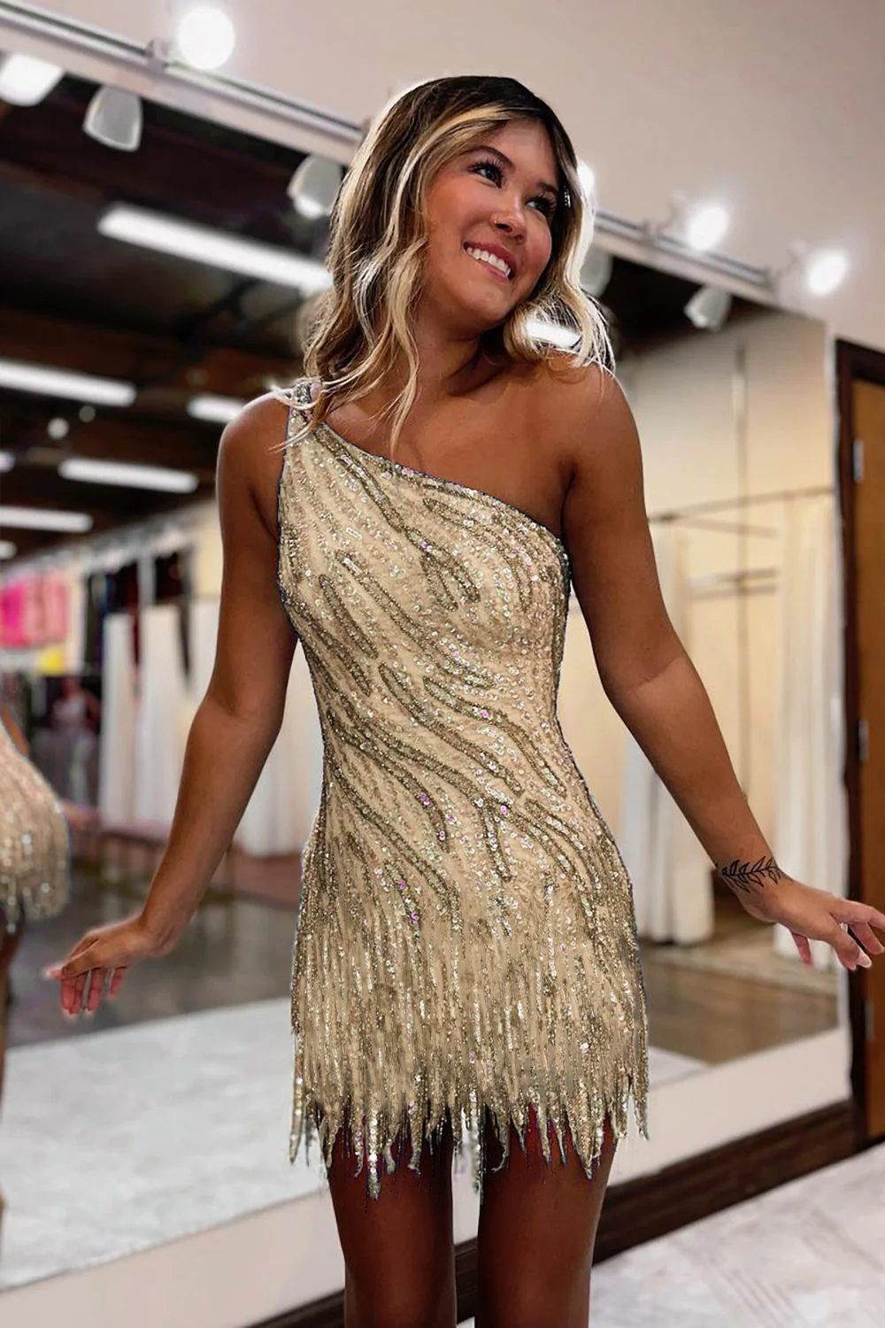 Misshow Sparkly Blue One Shoulder Sequins Tight Short Hoco Dress with Fringes