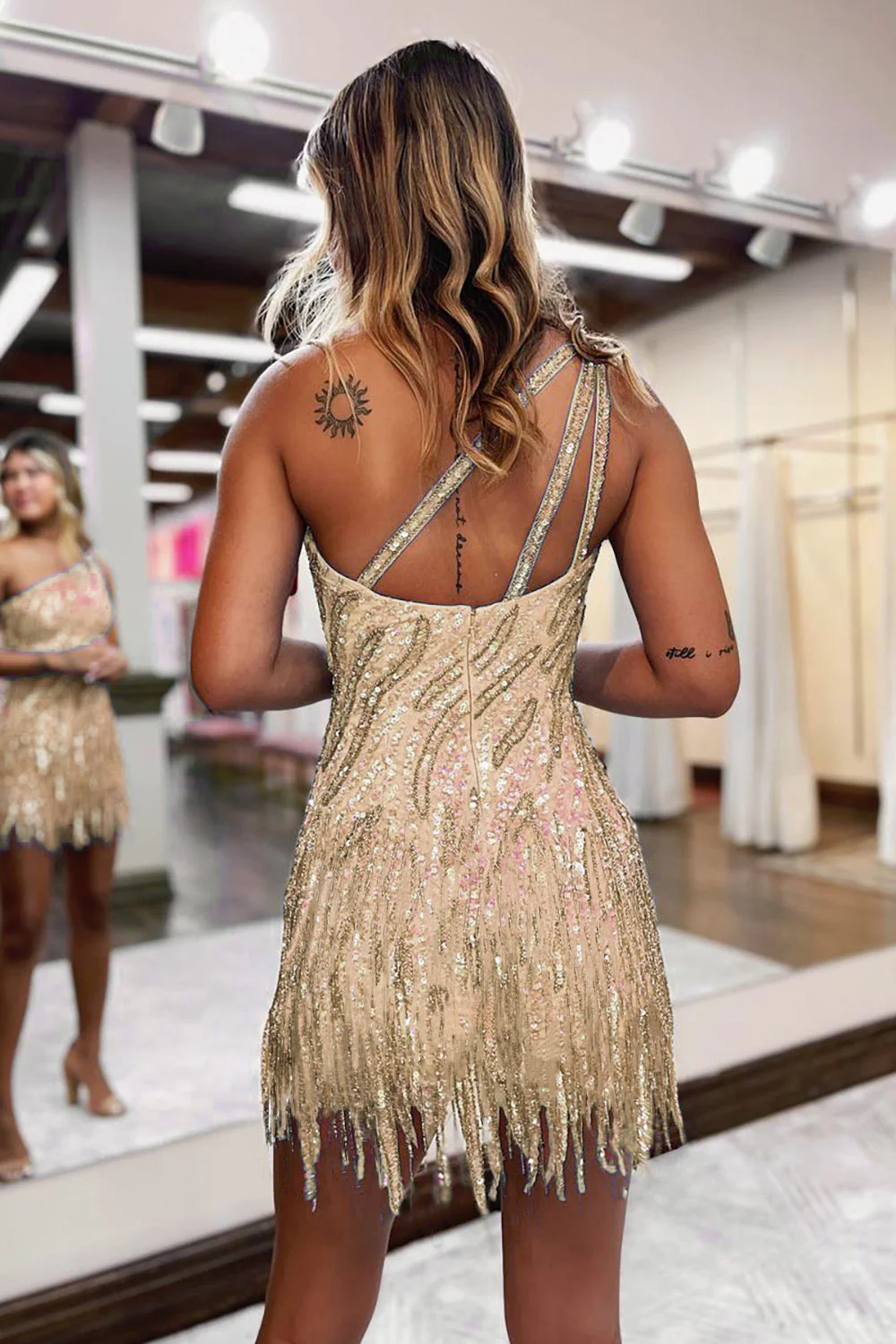 Misshow Sparkly Blue One Shoulder Sequins Tight Short Hoco Dress with Fringes