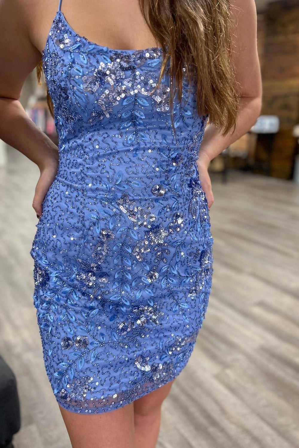 Misshow Sparkly Blue Sequined Beaded Backless Tight Short Homecoming Dress/Mini Dress