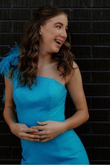 Misshow Sparkly Blue Sequined One Shoulder Tight Short Homecoming Dress/Mini Dress with Feathers