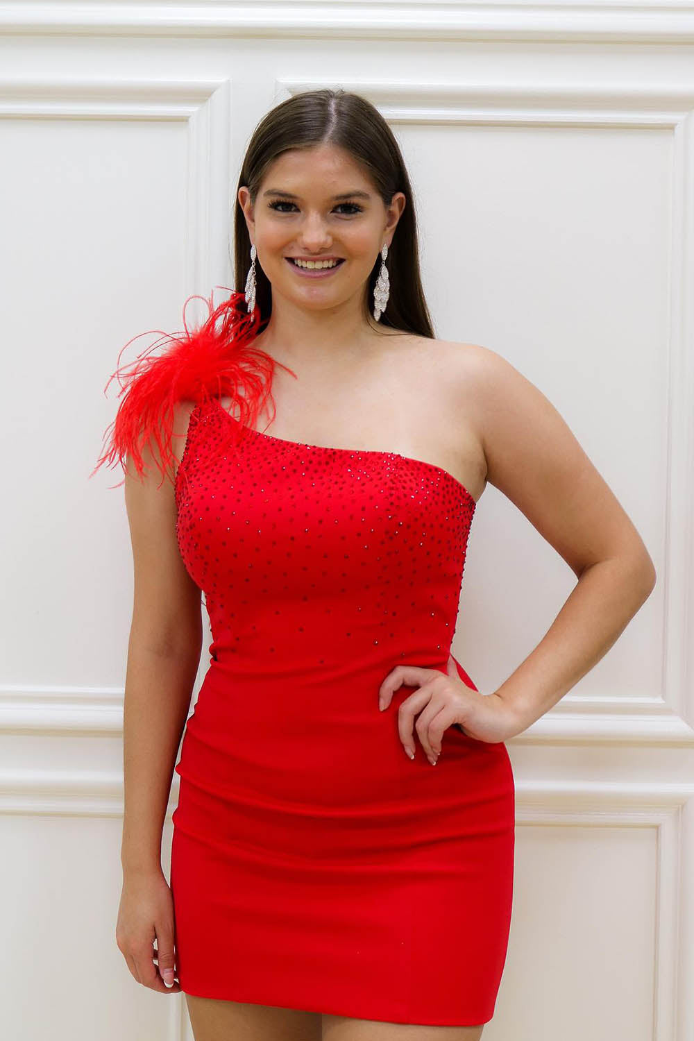 Misshow Sparkly Blue Sequined One Shoulder Tight Short Homecoming Dress/Mini Dress with Feathers