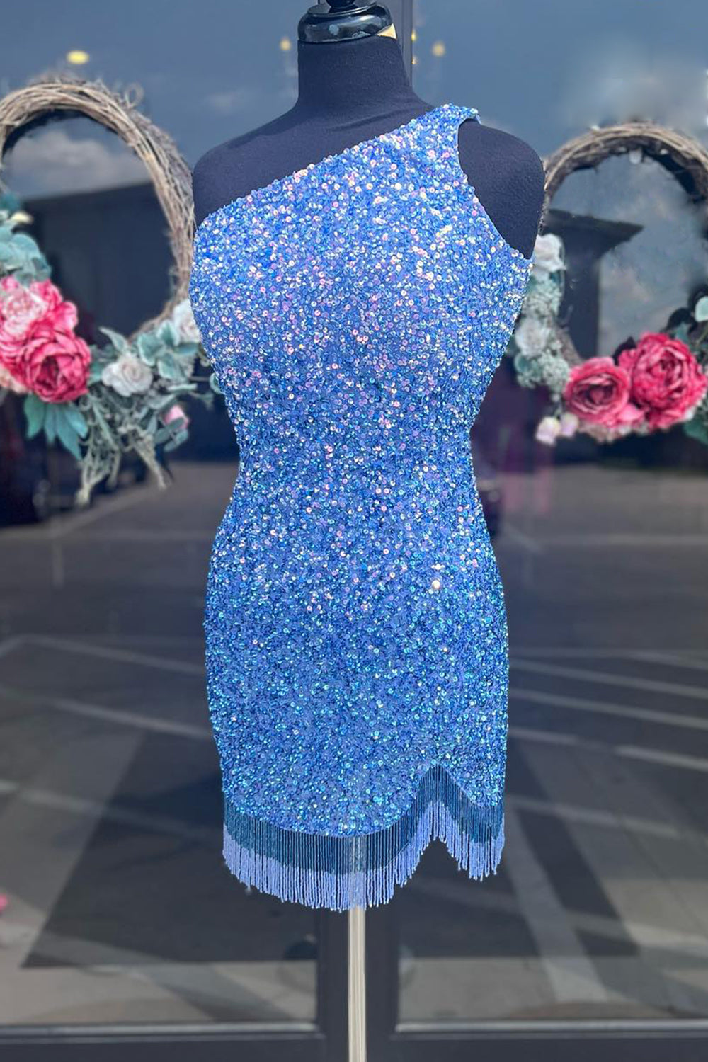 Misshow Sparkly Blue Sequined One Shoulder Tight Short Homecoming Dress/Mini Dress with Fringes