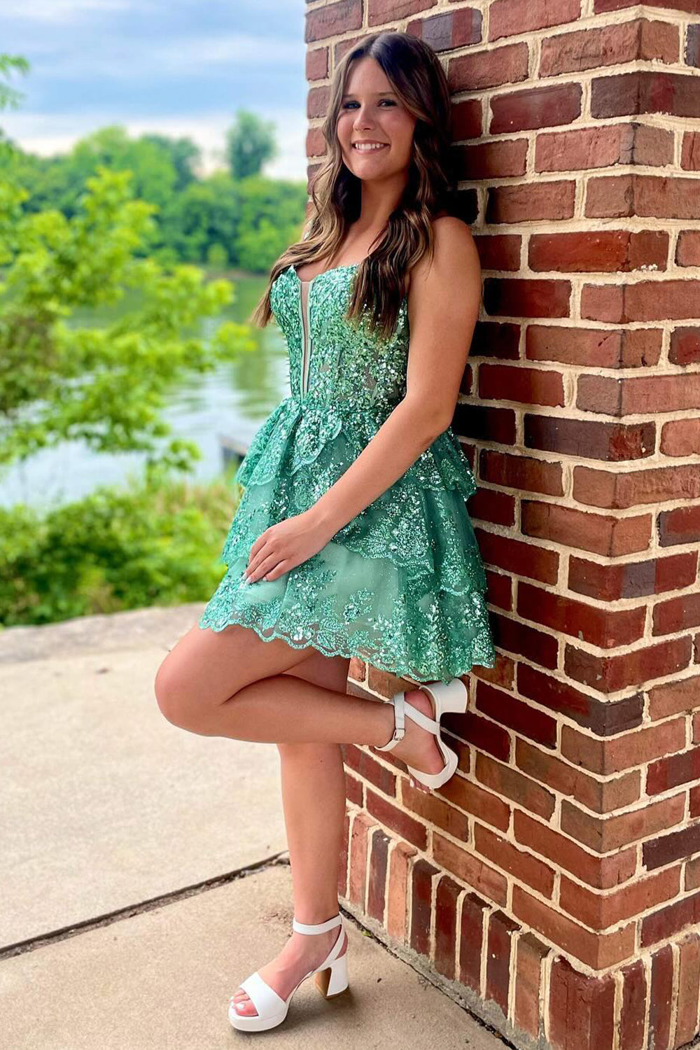 Misshow Sparkly Blue Sequins Corset Short Homecoming Dress/Mini Dress With Ruffles
