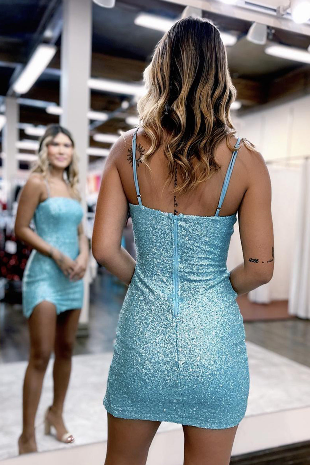 Misshow Sparkly Blue Sequins Tight Short Homecoming Dress/Mini Dress with Slit