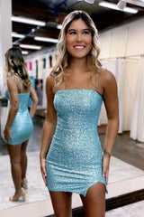 Misshow Sparkly Blue Sequins Tight Short Homecoming Dress/Mini Dress with Slit