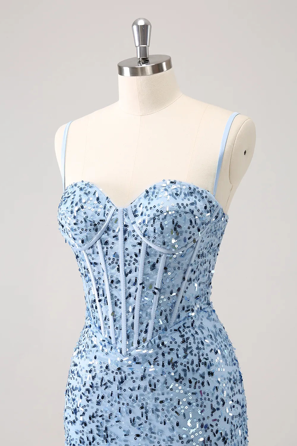 Misshow Sparkly Blue Spaghetti Straps Corset Tight Short Homecoming Dress/Mini Dress