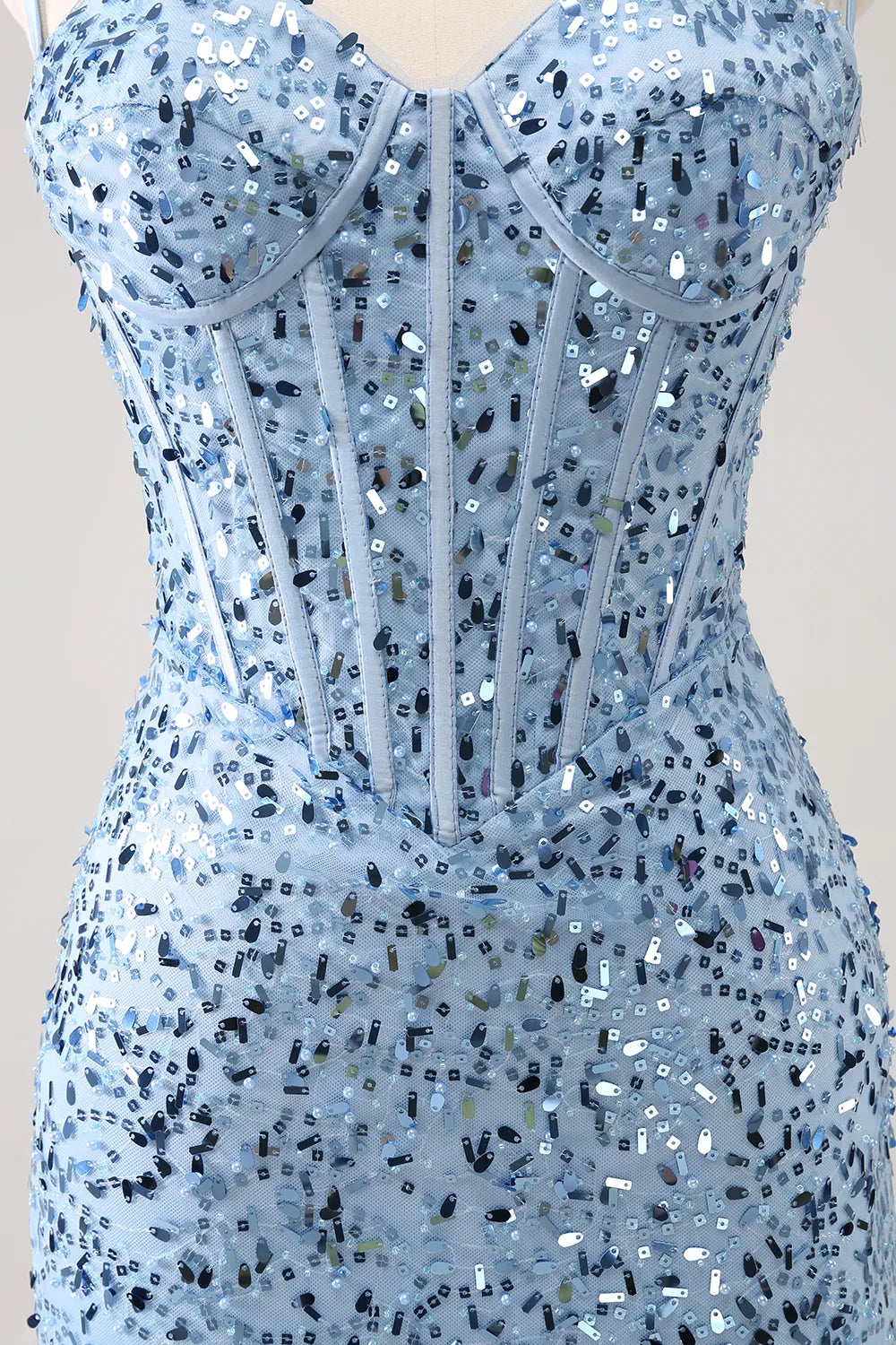 Misshow Sparkly Blue Spaghetti Straps Corset Tight Short Homecoming Dress/Mini Dress