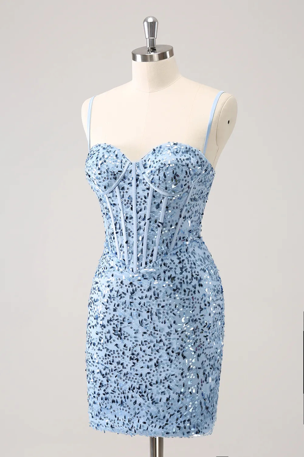 Misshow Sparkly Blue Spaghetti Straps Corset Tight Short Homecoming Dress/Mini Dress