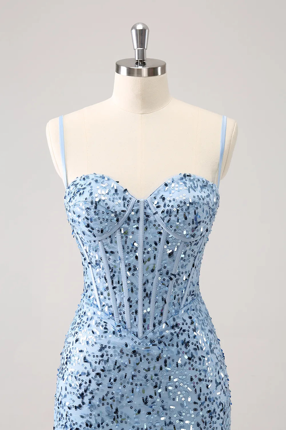 Misshow Sparkly Blue Spaghetti Straps Corset Tight Short Homecoming Dress/Mini Dress