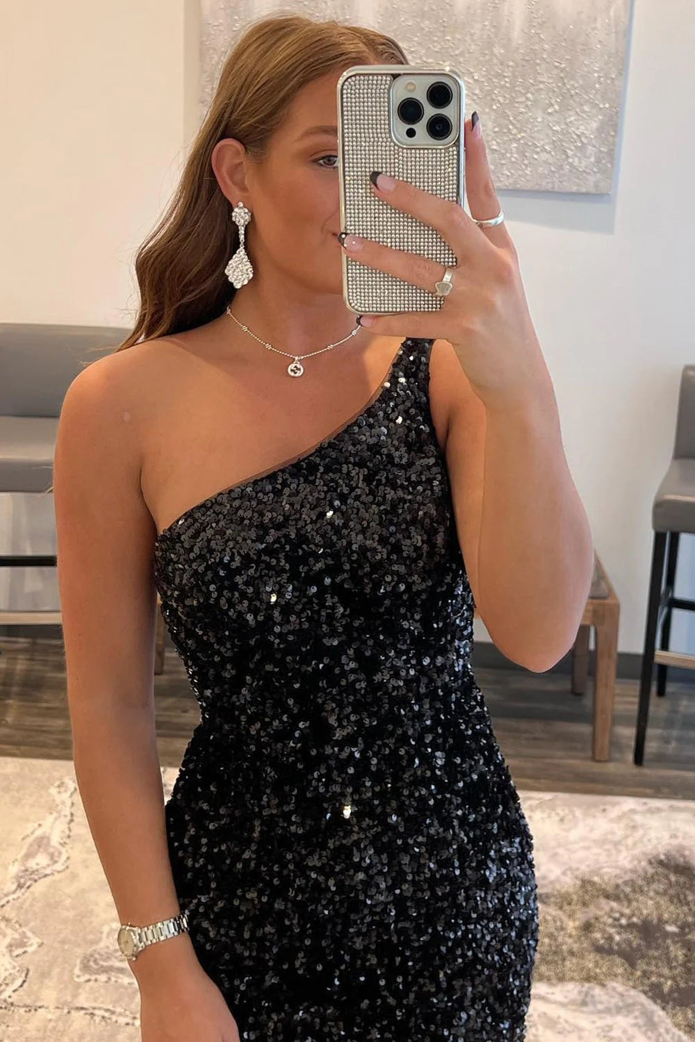 Misshow Sparkly Burgundy Sequins One Shoulder Tight Short Homecoming Dress/Mini Dress
