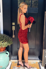 Misshow Sparkly Burgundy Sequins One Shoulder Tight Short Homecoming Dress/Mini Dress