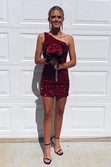 Misshow Sparkly Burgundy Sequins One Shoulder Tight Short Homecoming Dress/Mini Dress