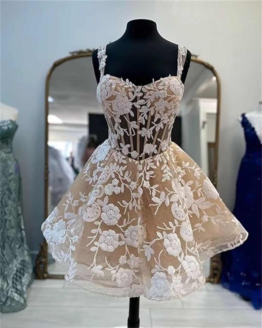 Misshow Sparkly Corset Champagne Floral A-Line Short Homecoming Dress/Mini Dress