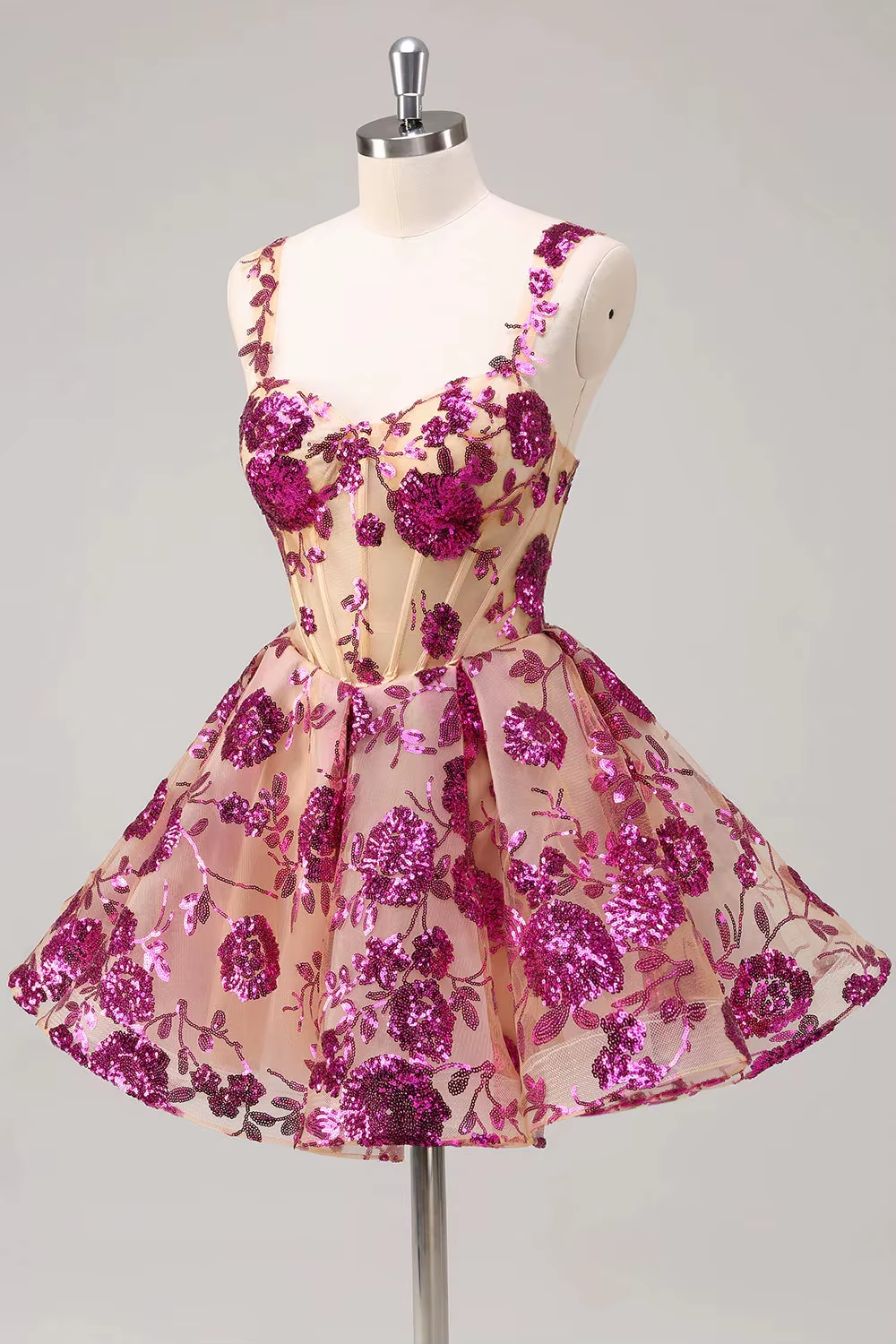 Misshow Sparkly Corset Champagne Floral A-Line Short Homecoming Dress/Mini Dress