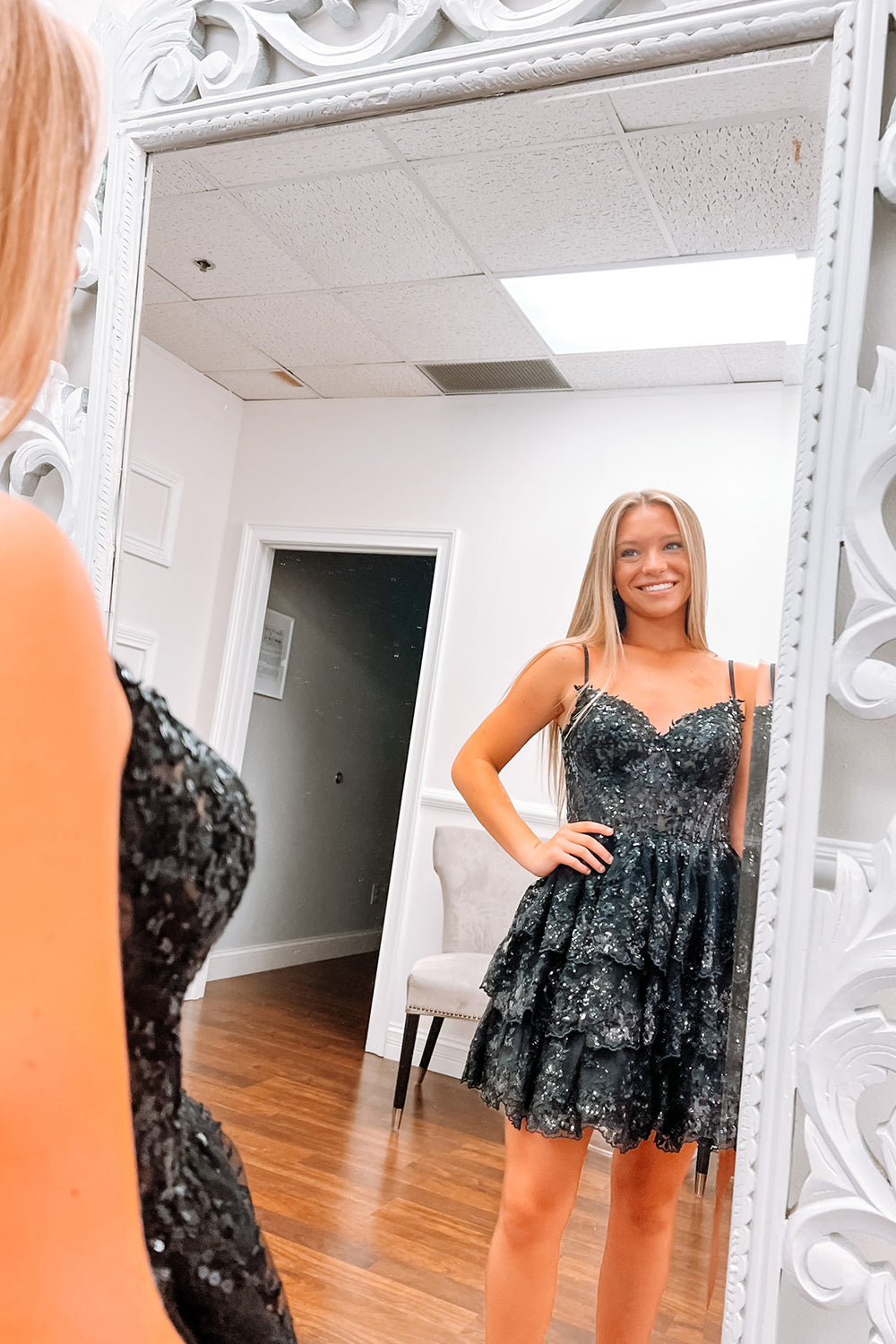 Misshow Sparkly Dark Blue Corset Top Spaghetti Straps A-Line Lace Short Homecoming Dress/Mini Dress