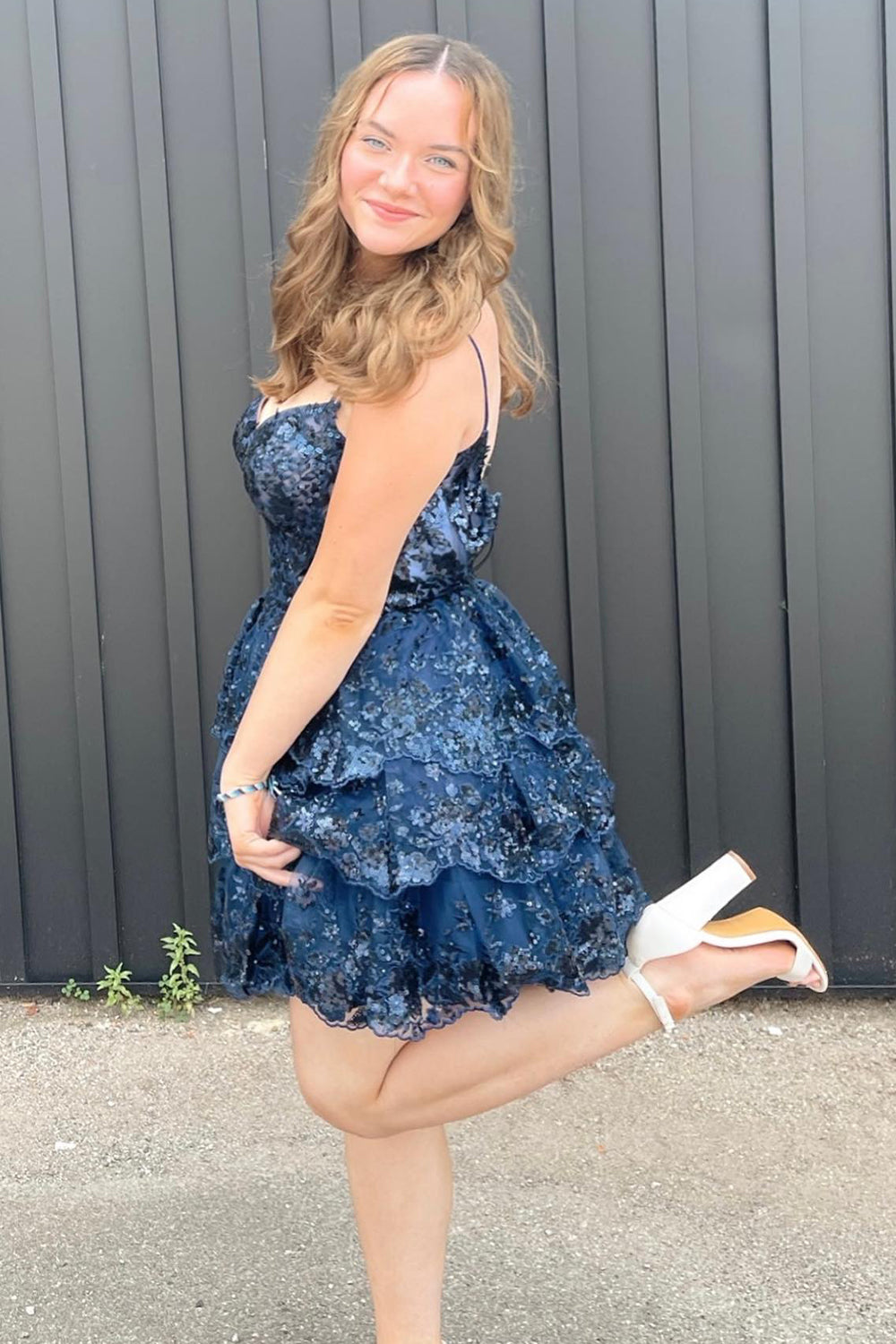 Misshow Sparkly Dark Blue Corset Top Spaghetti Straps A-Line Lace Short Homecoming Dress/Mini Dress