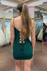 Misshow Sparkly Dark Green Corset Beaded Tight Short Homecoming Dress/Mini Dress