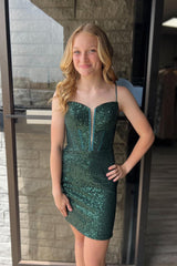Misshow Sparkly Dark Green Corset Sequins Sleeveless Tight Homecoming Dress/Mini Dress