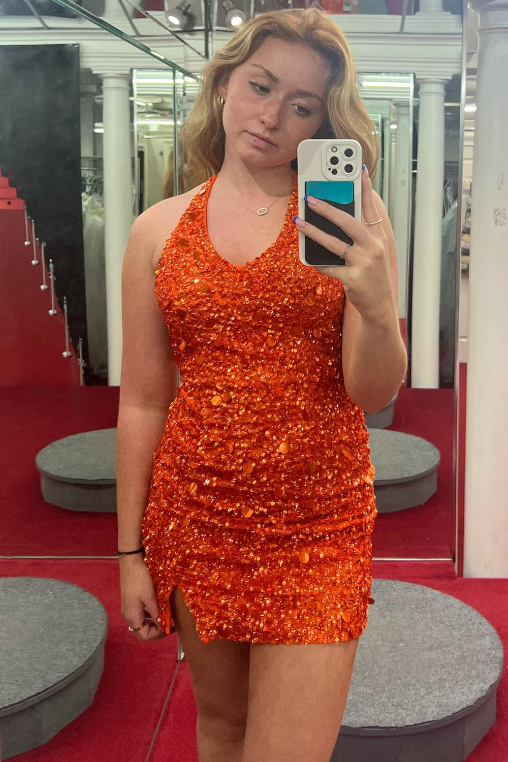 Misshow Sparkly Dark Green Halter Open Back Bodycon Homecoming Dress/Mini Dress With Sequins