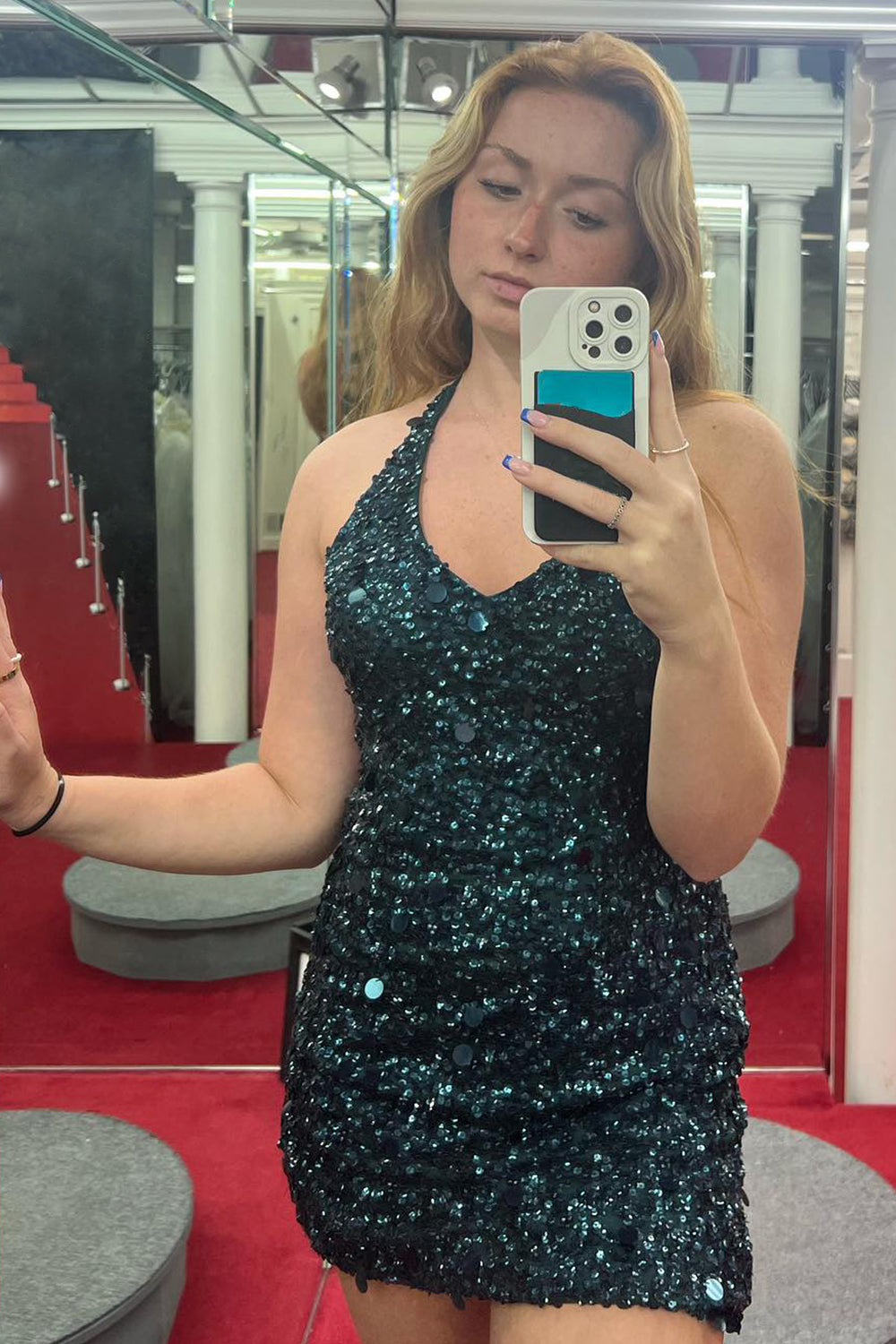 Misshow Sparkly Dark Green Halter Open Back Bodycon Homecoming Dress/Mini Dress With Sequins