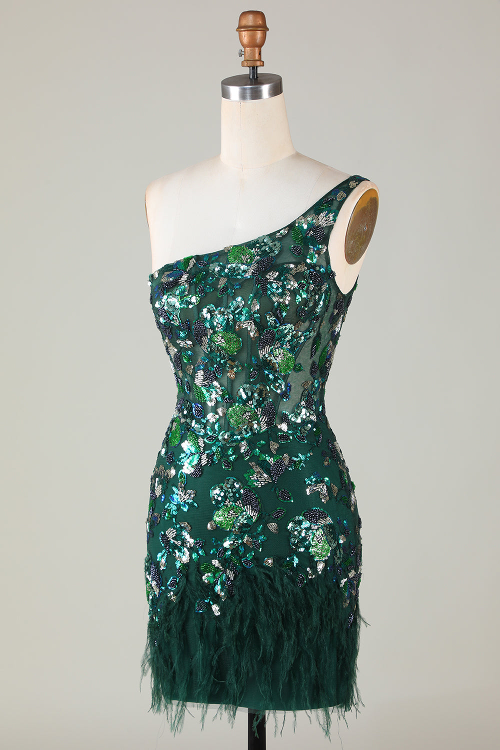 Misshow Sparkly Dark Green Tight Short Beaded Homecoming Dress/Mini Dress with Feathers