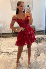 Misshow Sparkly Dark Red Corset Tiered Lace A-Line Short Homecoming Dress/Mini Dress