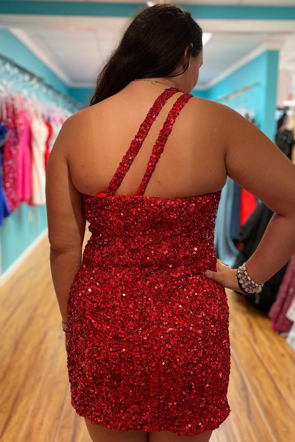 Misshow Sparkly Dark Red Sequins One Shoulder Tight Short Homecoming Dress/Mini Dress