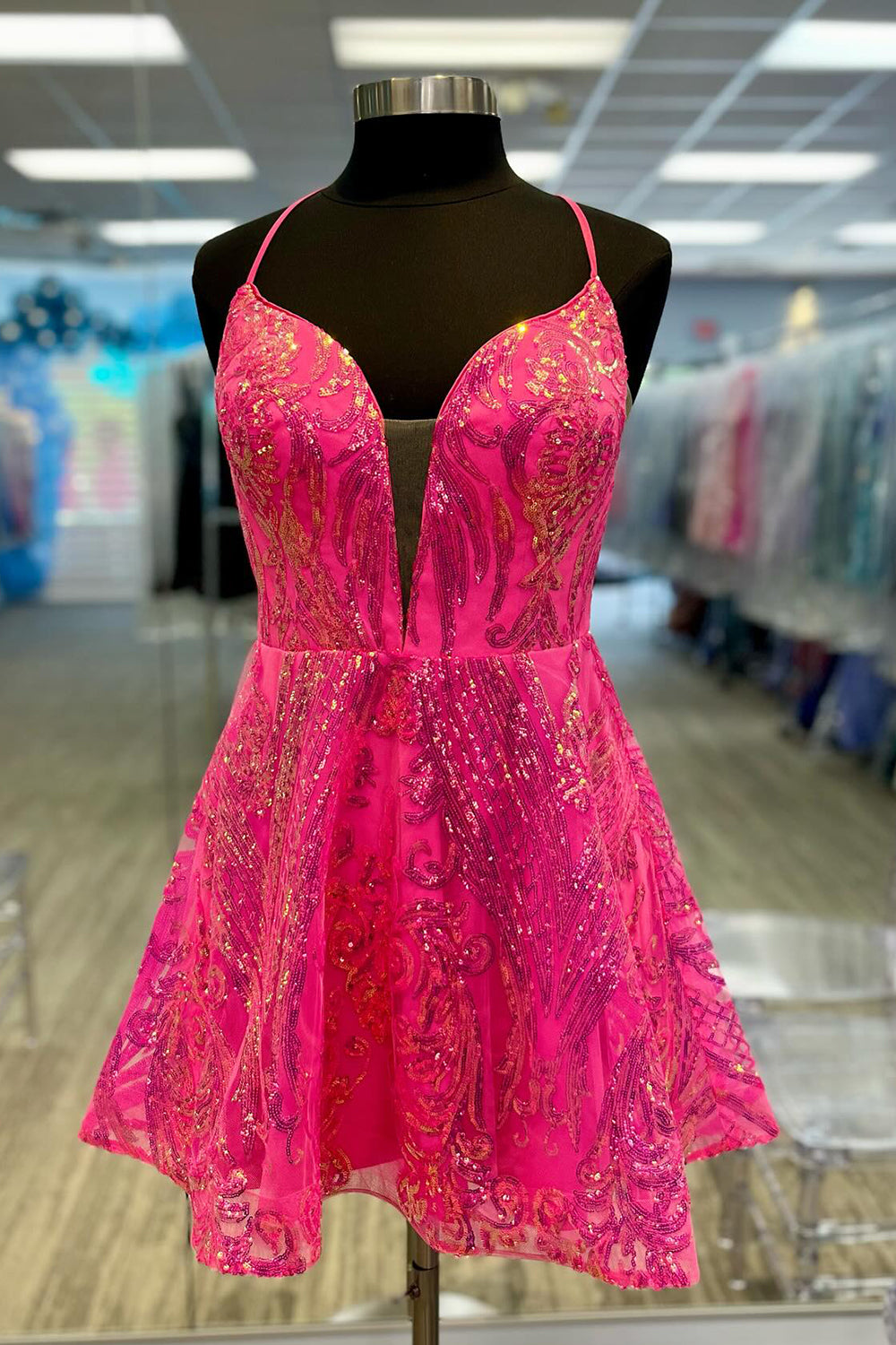 Misshow Sparkly Fuchsia A-Line Backless Short Homecoming Dress/Mini Dress