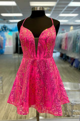 Misshow Sparkly Fuchsia A-Line Backless Short Homecoming Dress/Mini Dress