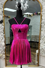 Misshow Sparkly Fuchsia A-Line Halter Pleated Short Homecoming Dress/Mini Dress