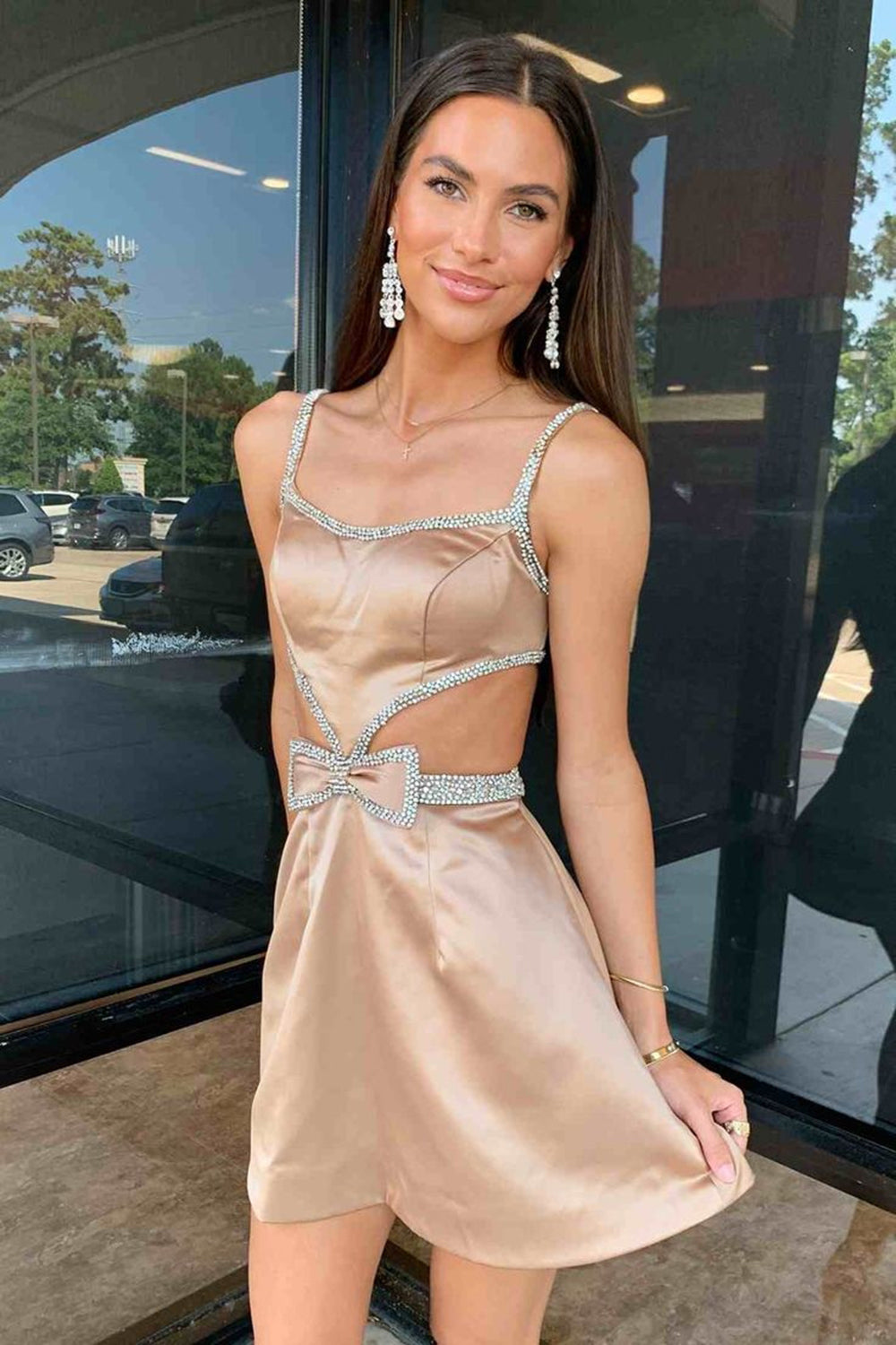 Misshow Sparkly Fuchsia A-Line Short Beaded Homecoming Dress/Mini Dress with Bows