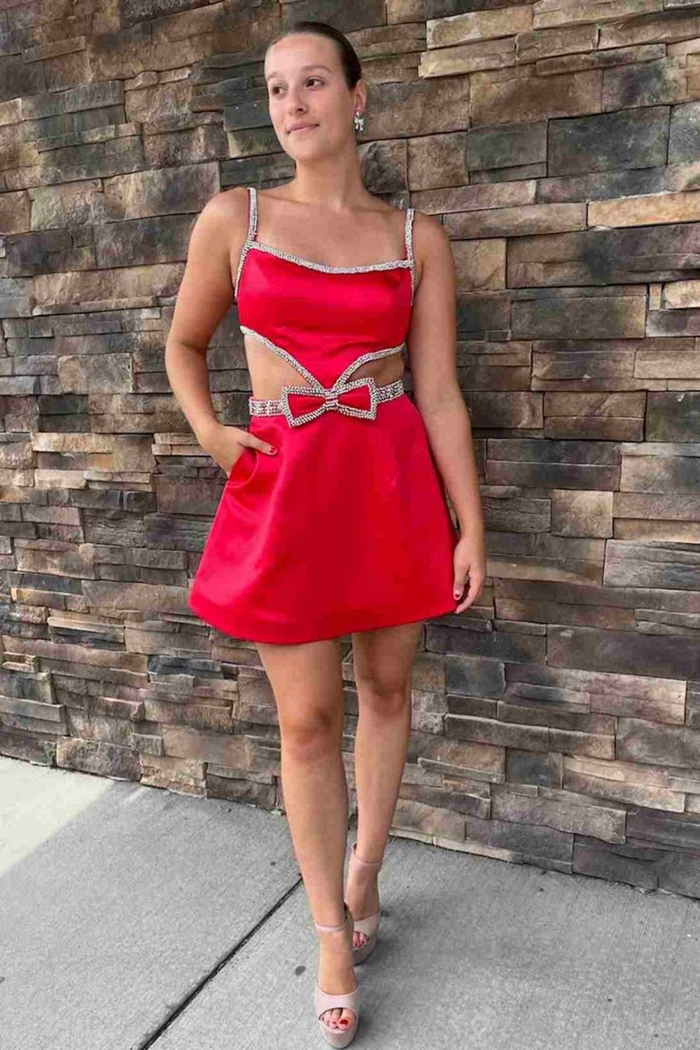 Misshow Sparkly Fuchsia A-Line Short Beaded Homecoming Dress/Mini Dress with Bows