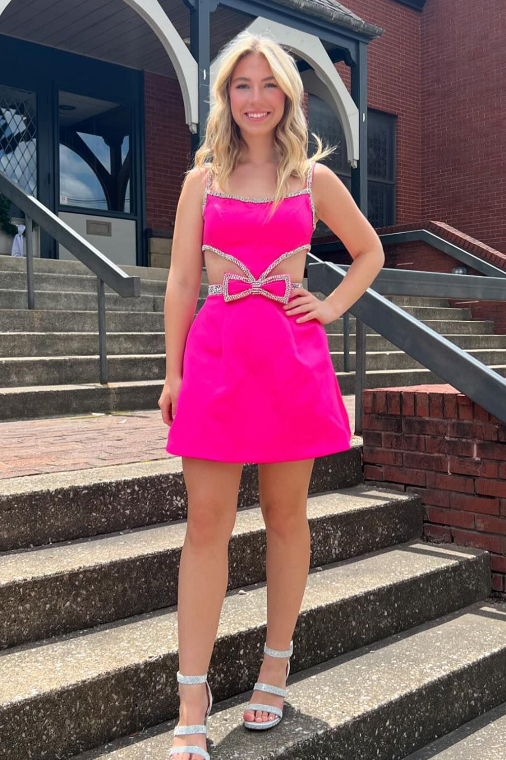 Misshow Sparkly Fuchsia A-Line Short Beaded Homecoming Dress/Mini Dress with Bows